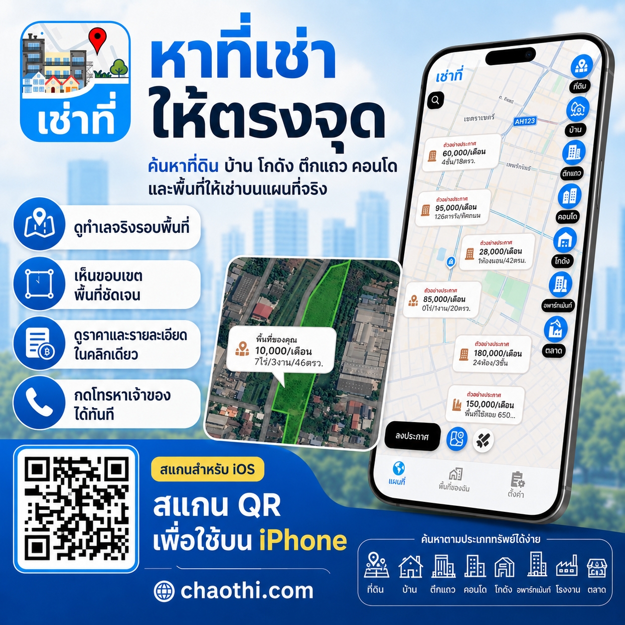 หาเช่าที่ให้ตรงจุด ค้นหาที่ดิน บ้าน ห้องเช่า โกดัง ตึกแถว คอนโด และพื้นที่ให้เช่าบนแผนที่จริง