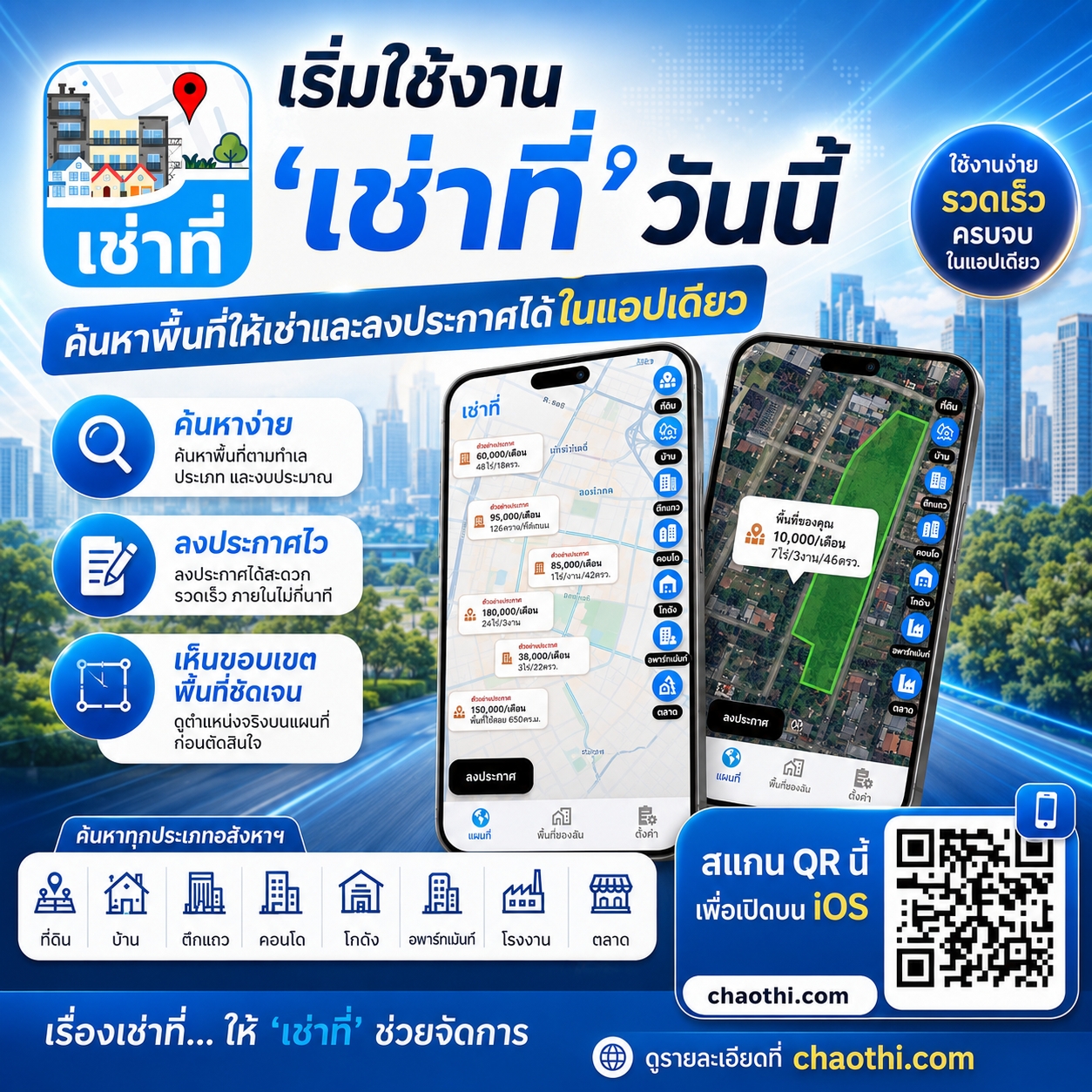 เริ่มใช้งาน เช่าที่ วันนี้ ค้นหาพื้นที่ให้เช่าและลงประกาศได้ในแอปเดียว